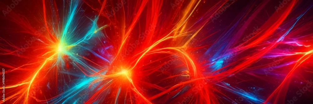 Poster a digital artwork featuring a vibrant abstract pattern of red, orange, and blue lines and shapes, creating a dynamic and energetic visual effect