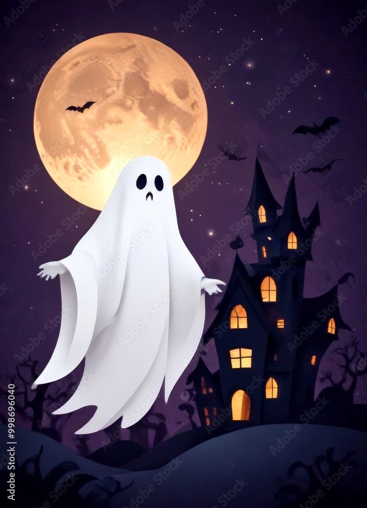 Poster A ghostly figure with a sad expression stands in front large, dark house with multiple windows, set against a backdrop full moon and bats in the night sky