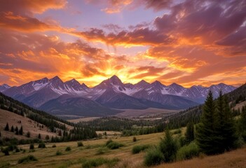 Obraz premium A breathtaking mountain landscape at sunset, with snow-capped peaks silhouetted against a vibrant sky filled with clouds and warm hues of orange and yellow