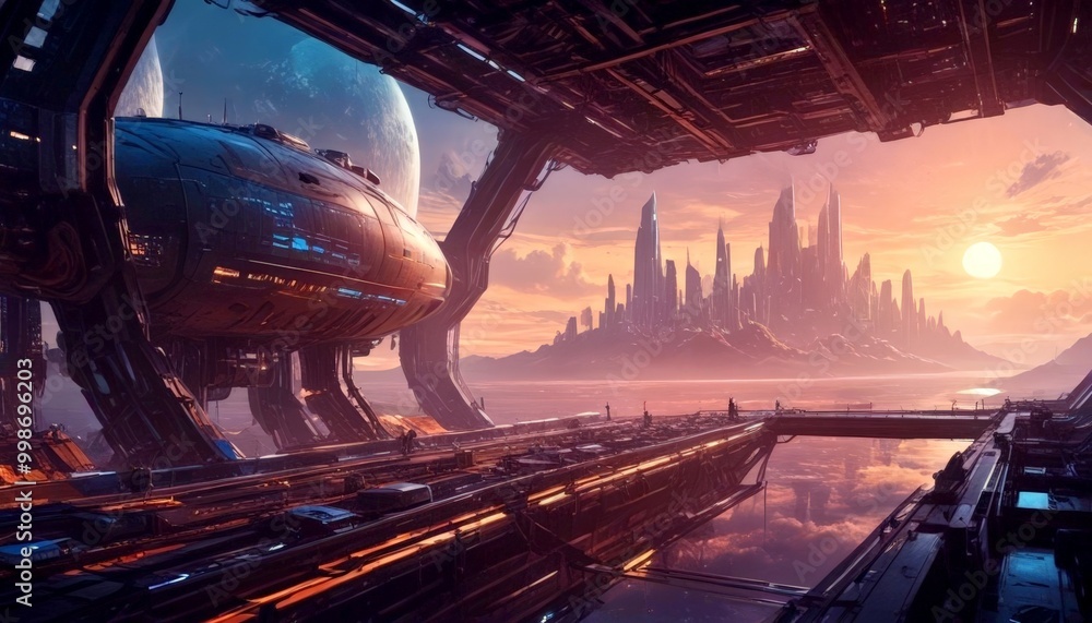 Poster a futuristic cityscape with a large, metallic structure dominating the foreground, and a futuristic 