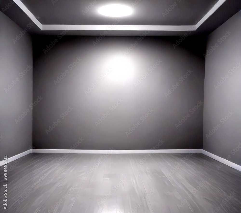Poster An empty room with gray walls and a wooden floor, illuminated by a single light fixture in the ceiling