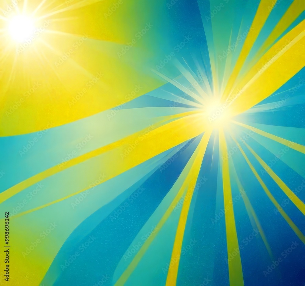 Poster a vibrant abstract background with a sunburst pattern in yellow and blue hues, creating a dynamic and energetic visual effect