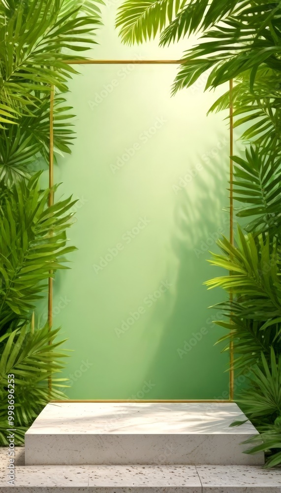 Aufkleber a rectangular frame with a gold border is set against a green background, surrounded by lush tropica
