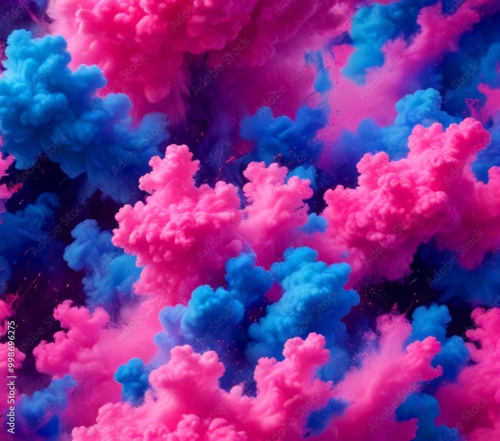 Poster a vibrant and dynamic scene of colorful smoke or vapor in shades of pink and blue, creating a visual