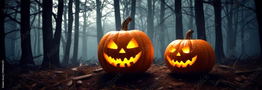 Poster two jack-o'-lanterns with carved faces stand in a dark forest, their glowing jack-o'-lanterns castin