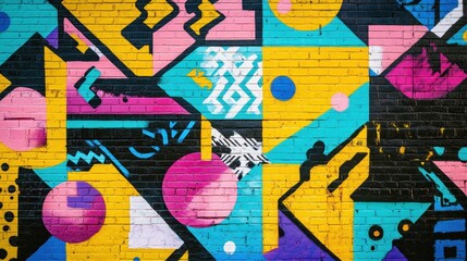 Obraz premium Bright and colorful pop art graffiti on a brick wall, featuring bold shapes and geometric patterns in urban street style