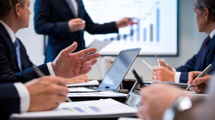 A dynamic business team collaborates around a table, analyzing charts, reviewing data on laptops, and strategizing for success.