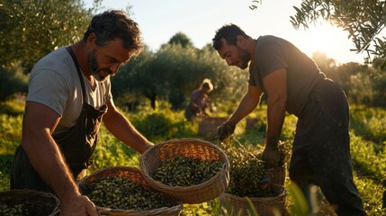 Greek olive harvest: farmers collecting olives in sunlit grove