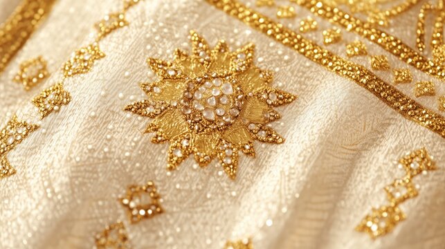 Golden embellishments on traditional moroccan kaftan &ndash; elegant fashion design