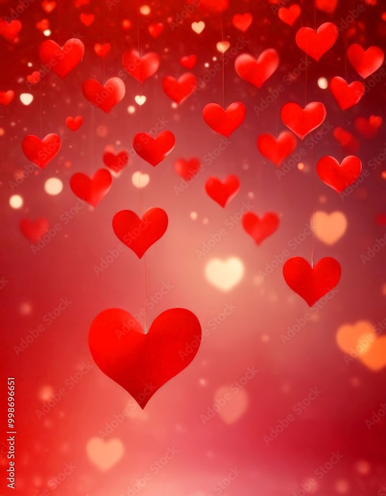 Poster red hearts floating against a pinkish-red background with white and yellow bokeh lights