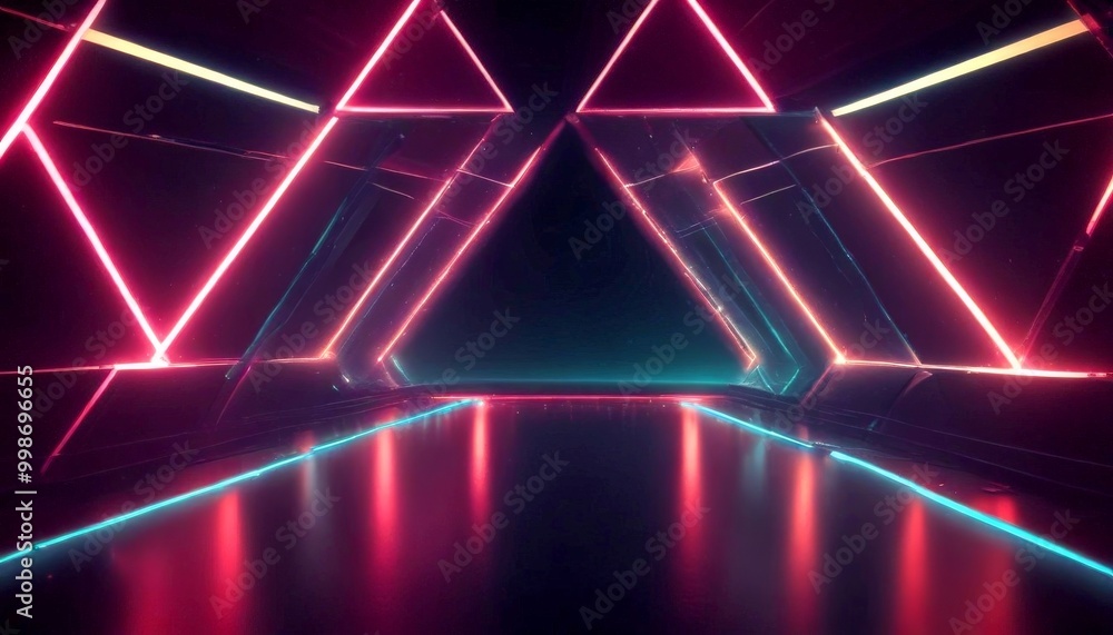 Poster A futuristic corridor with a geometric pattern of triangular lights in pink, blue, and green, creating a visually striking and immersive environment