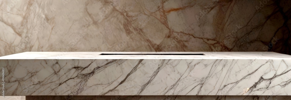 Poster marble countertop with a black rectangular sink in the center, set against a marble wall with a subt