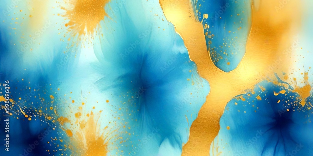 Poster a vibrant abstract composition with splashes of blue and gold, creating a dynamic and visually striking effect