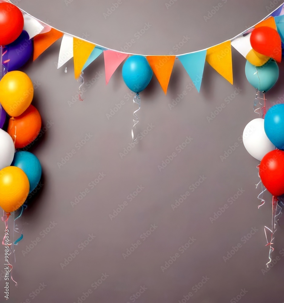 Poster a festive scene with a gray background, featuring a string of colorful triangular flags and a bunch 