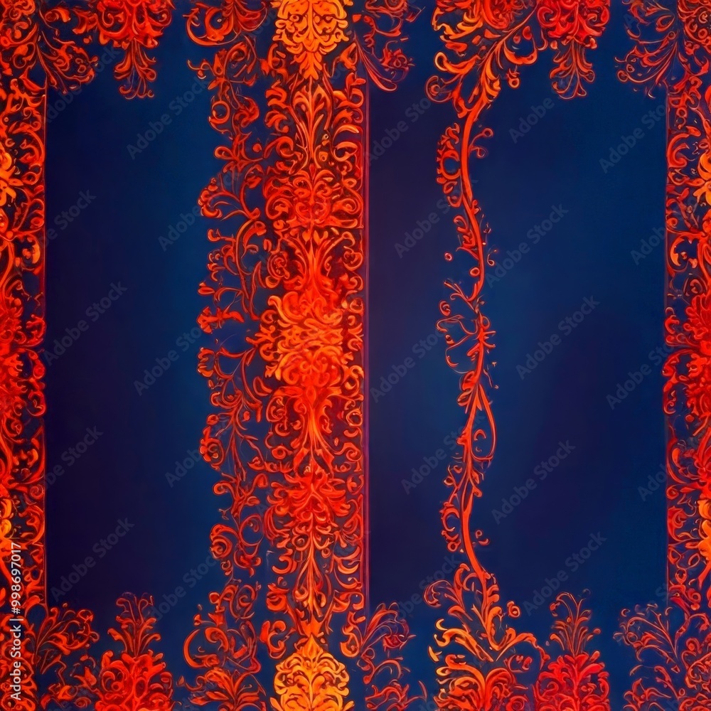 Poster a repeating pattern of ornate floral designs in shades of red and orange against a dark blue backgro