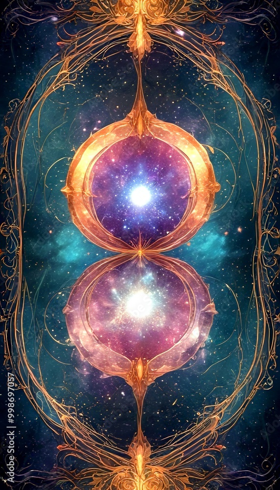 Poster a digital artwork cosmic scene, with a central circular design surrounded by a symmetrical pattern o