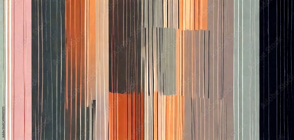 Poster a vertical arrangement of vertical lines in various shades of brown, gray, and black, creating a visually striking abstract pattern