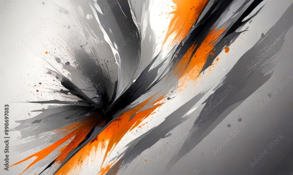 Fototapete an abstract composition of black, gray, and orange splashes and splotches, creating a dynamic and en