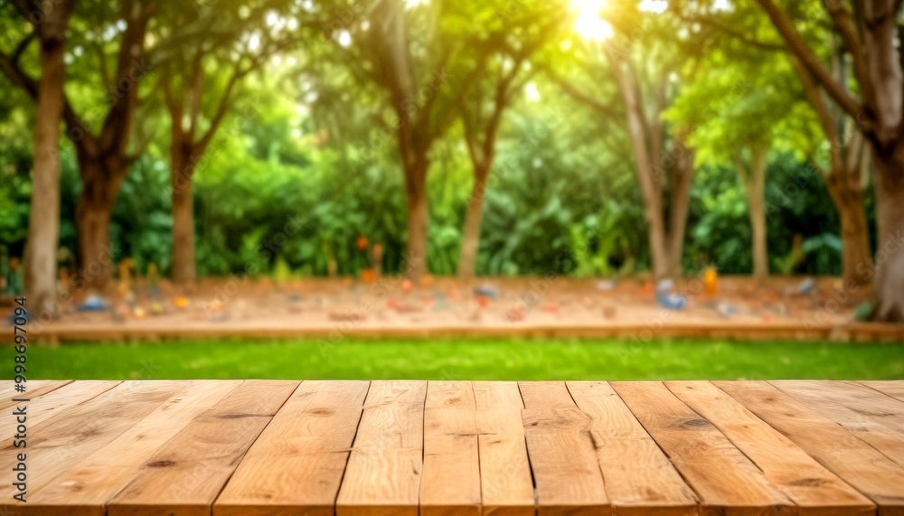 Poster a wooden table in the foreground with a blurred park scene in the background, featuring trees and a 