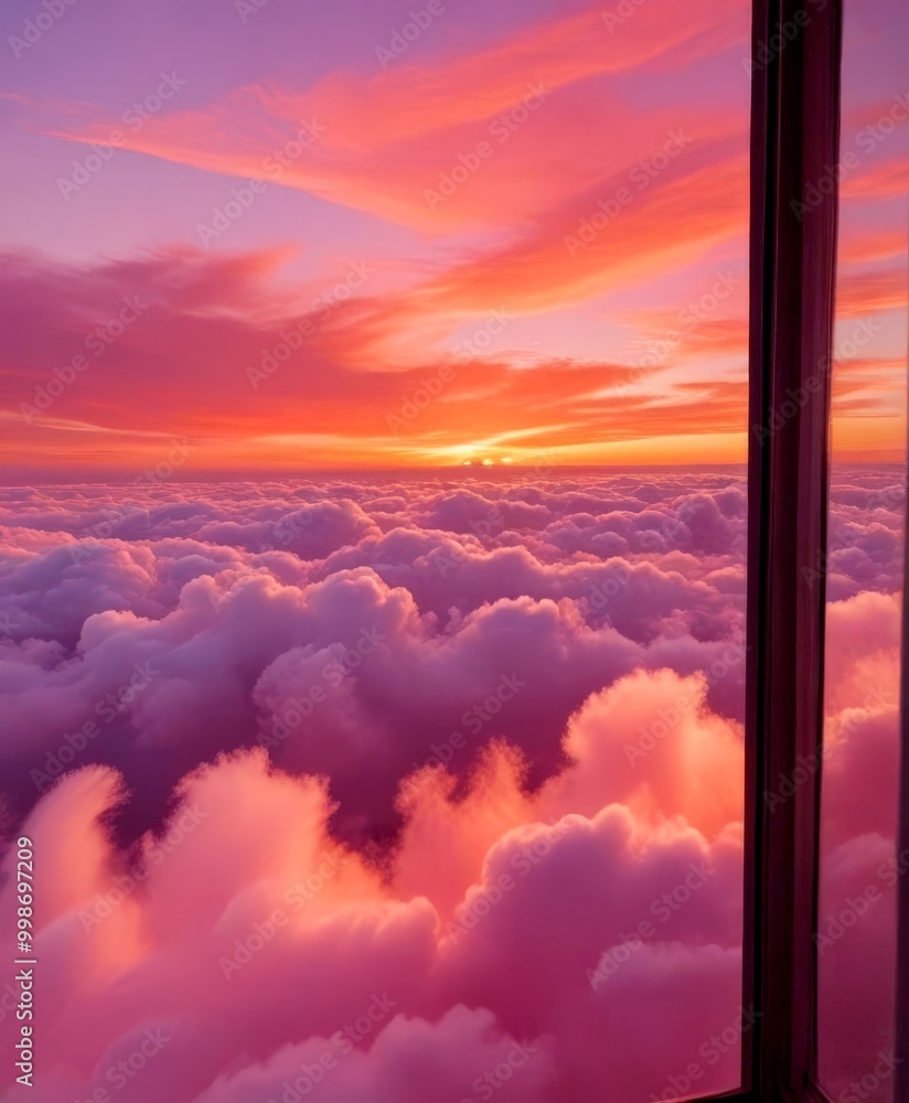 Poster a breathtaking view sunset over a sea of clouds, captured from a window with a black frame