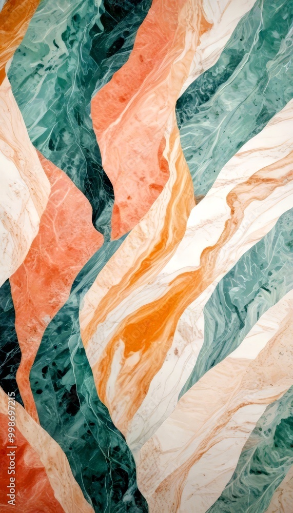 Poster a vibrant abstract pattern composed of overlapping curved lines in various shades of green, orange, and white, creating a dynamic and visually striking composition