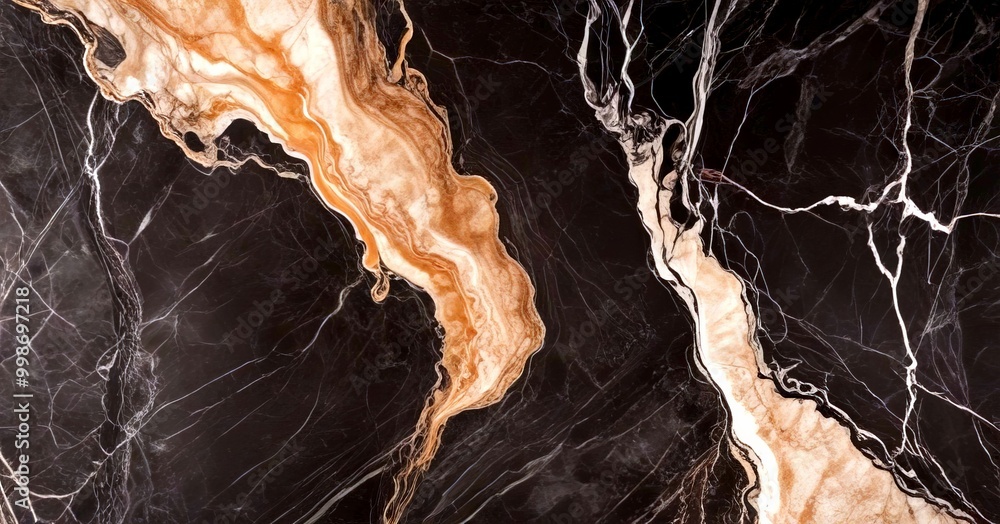 Poster a close-up view marble surface with a striking pattern of swirling lines and swirls in shades of black, white, and brown