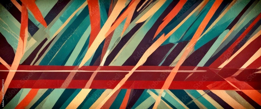 Poster an abstract composition featuring intersecting lines and shapes in various shades of green, blue, orange, and red, creating a dynamic and visually striking pattern