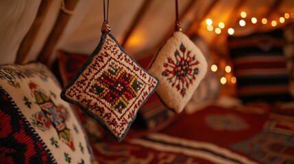 Handmade felt ornaments in cozy kazakh yurt setting for home decor and culture