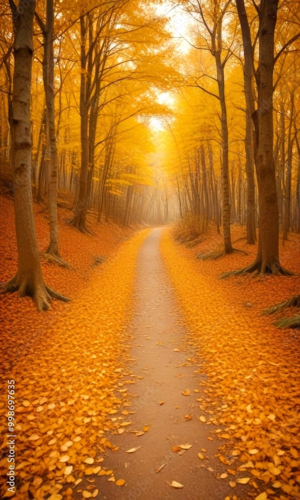 Poster a tranquil autumn scene unfolds in a forest, with a winding path flanked by trees adorned in vibrant