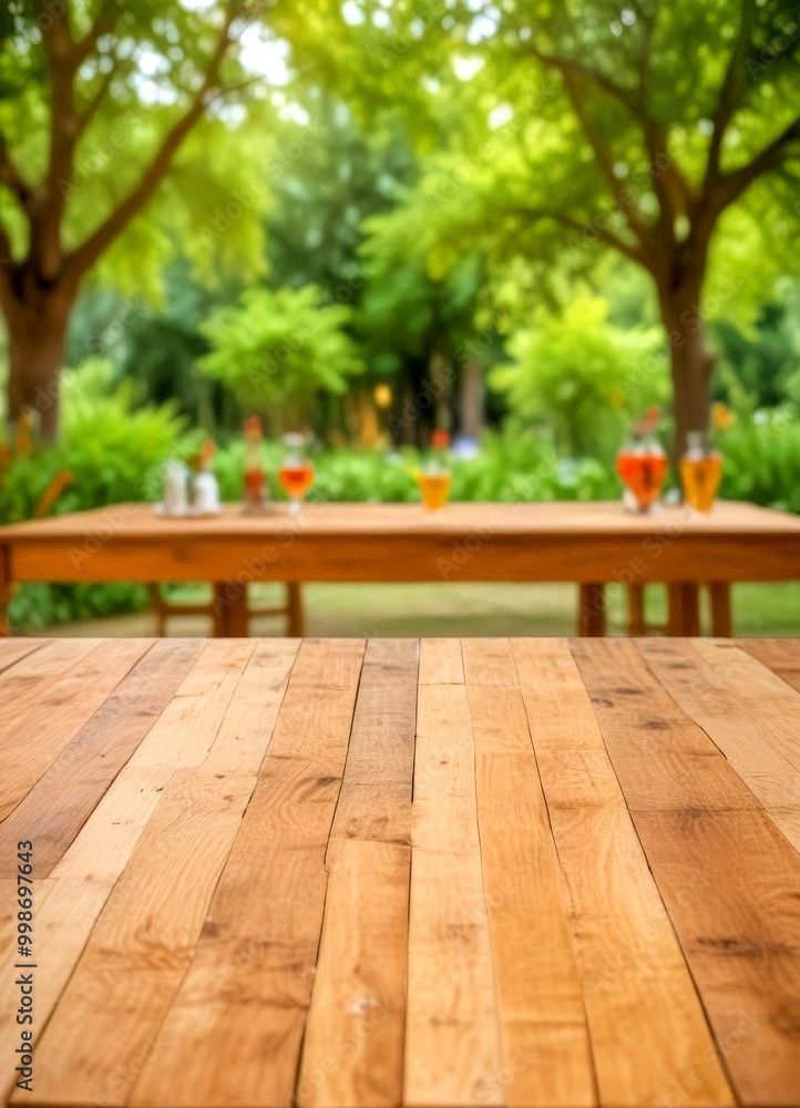 Aufkleber a wooden table with a blurred background garden with trees and greenery