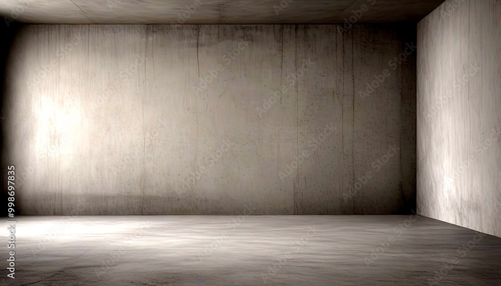 Poster an empty, minimalist room with a concrete wall and a concrete floor, featuring a large window on the