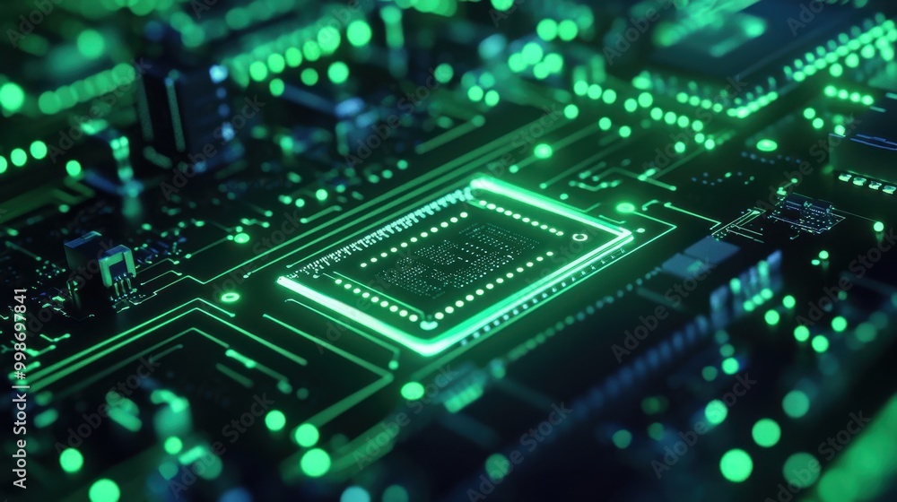Poster bright neon green data streams in a motherboard circuit, creating a futuristic internet and network 
