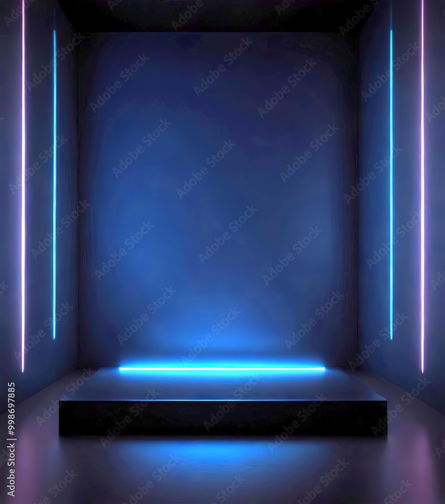Aufkleber a dark room with a black platform and three vertical lines of blue and pink light, creating a minima