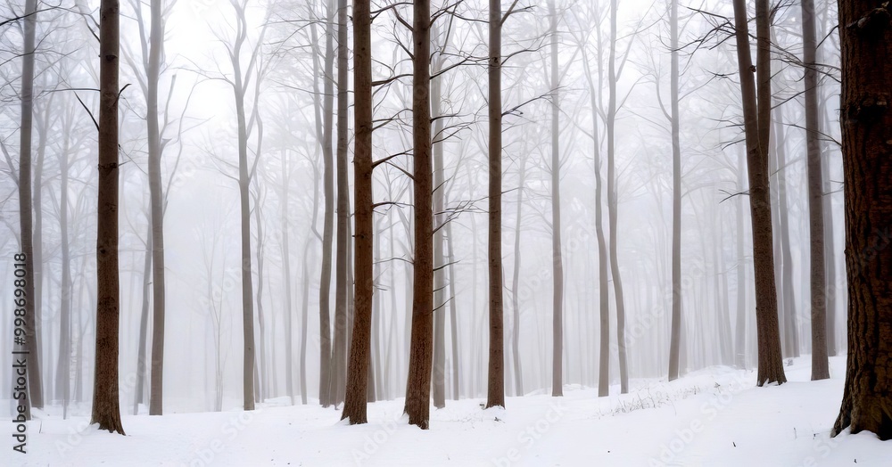 Poster a snowy forest scene with bare trees and a thick layer of snow covering the ground