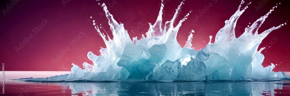 Poster a large, partially submerged iceberg with a jagged, icy surface breaks apart, creating a dramatic sp