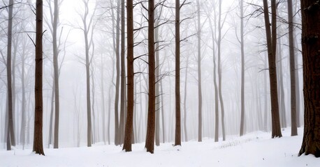 A snowy forest scene with bare trees and a thick layer of snow covering the ground