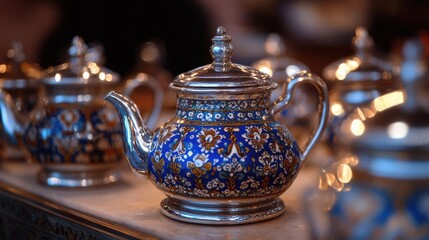 Intricate designs on kazakh teapots with silver detail for cultural decor