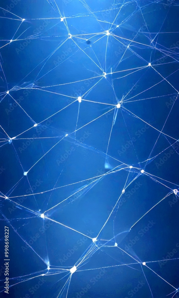 Poster a complex network of interconnected lines and dots, resembling a spider web or a web of interconnected nodes, set against a dark blue background