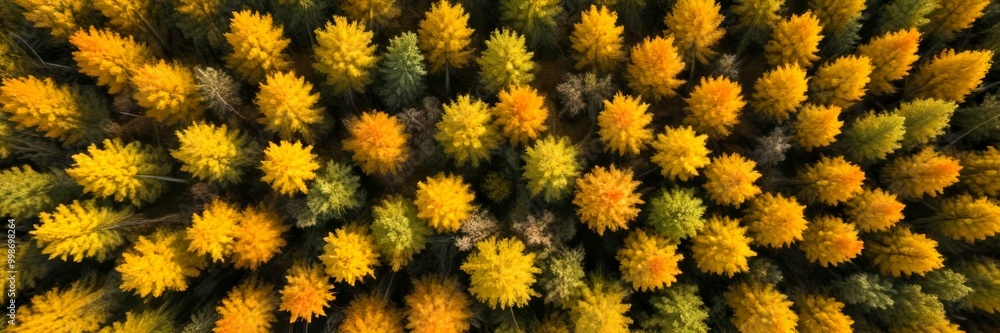 Poster Aerial view forest with trees displaying a mix of yellow and green foliage, creating a vibrant autumnal scene
