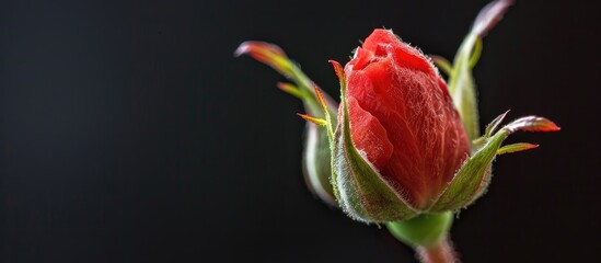 A Red Rose Bud In Close Up Highlighted On A Black Background