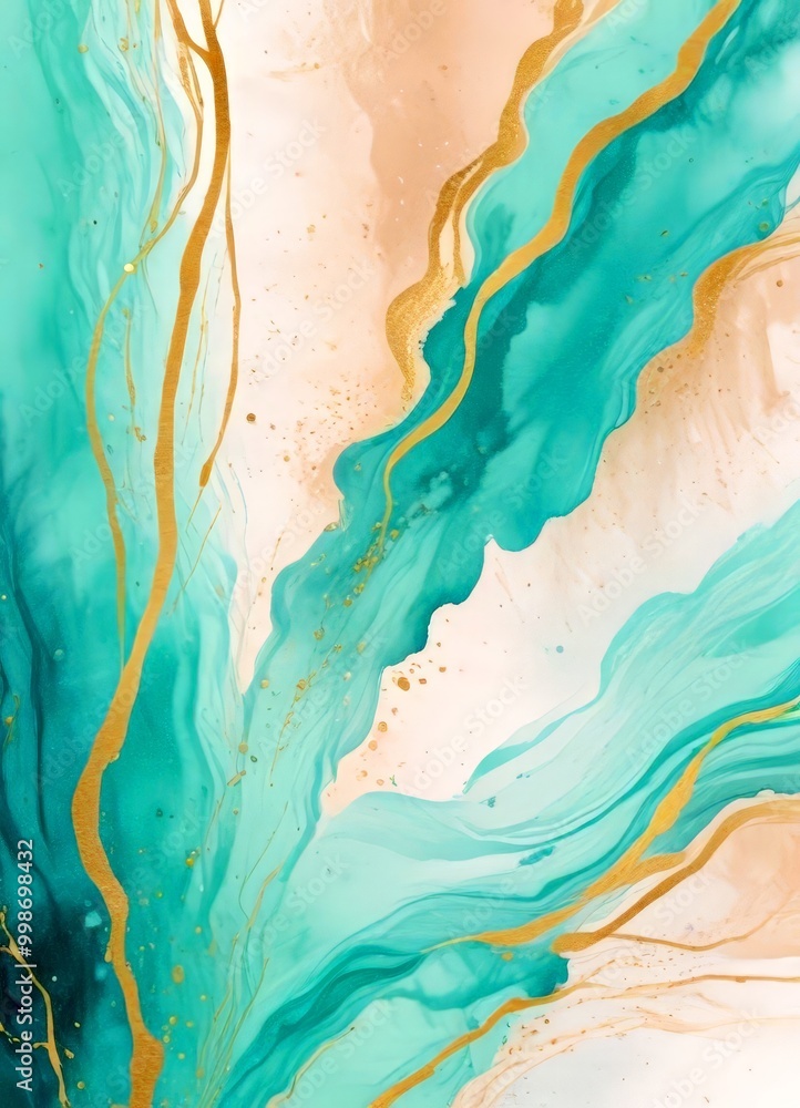 Aufkleber a vibrant abstract painting with turquoise and gold hues, creating a dynamic and fluid composition