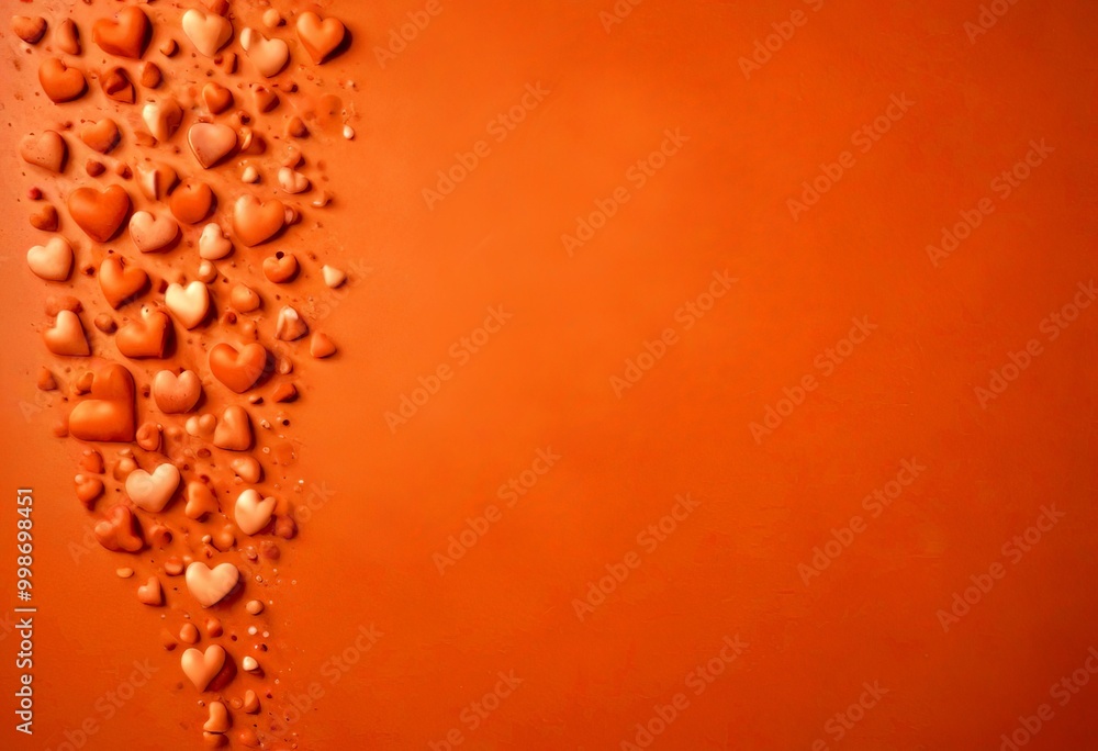 Poster a collection of small orange hearts arranged in a diagonal line on a warm orange background