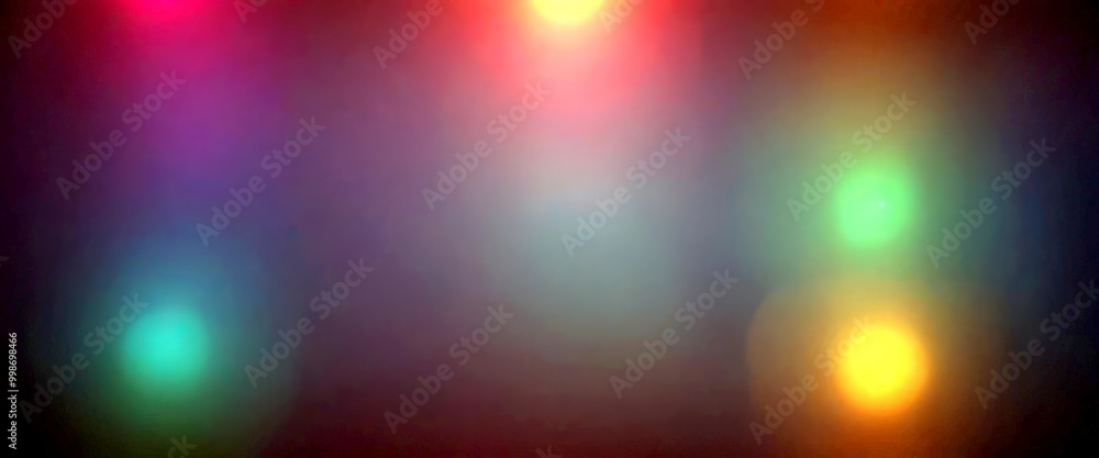 Poster a blurred, dark background with three distinct, colorful lights shining in the top right corner, cre