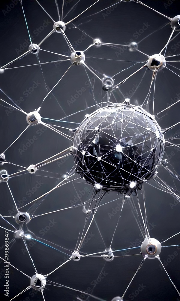 Poster a complex network of interconnected spheres and lines, creating a visually striking and intricate pattern against a dark background