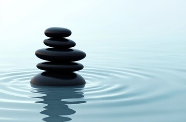 Obraz premium Balanced stack of black pebbles creating the illusion of circles in calm water, set against a light blue and white background with ripples.