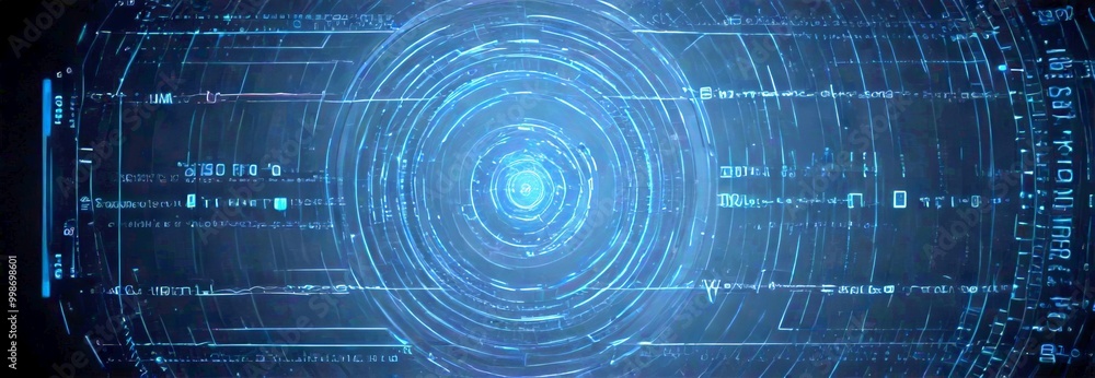 Poster a dark, abstract background with a central circular element surrounded by concentric circles and lines of text