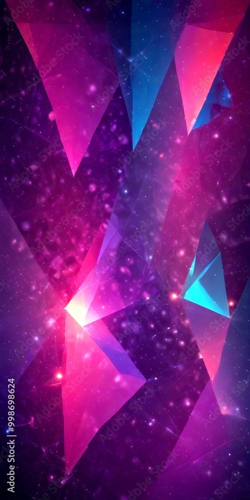 Poster a vibrant abstract composition of overlapping triangular shapes in various shades of pink, purple, b