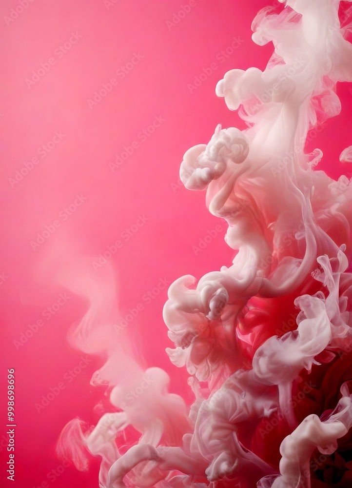 Poster a close-up view pink and white abstract liquid, possibly ink or paint, swirling and creating a dynam