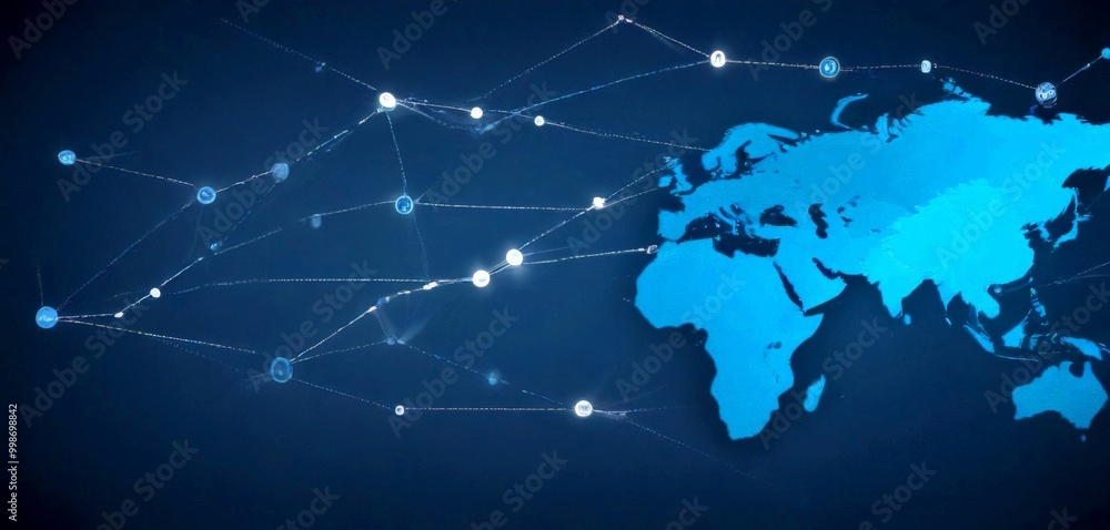 Aufkleber A digital illustration world map with a network of interconnected lines and dots representing global communication and information exchange