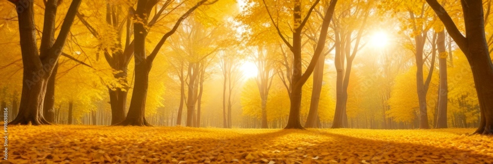 Poster A serene autumn scene unfolds in a forest, with the sun's rays filtering through the trees and casting a warm glow on the ground below The trees, adorned with yellow